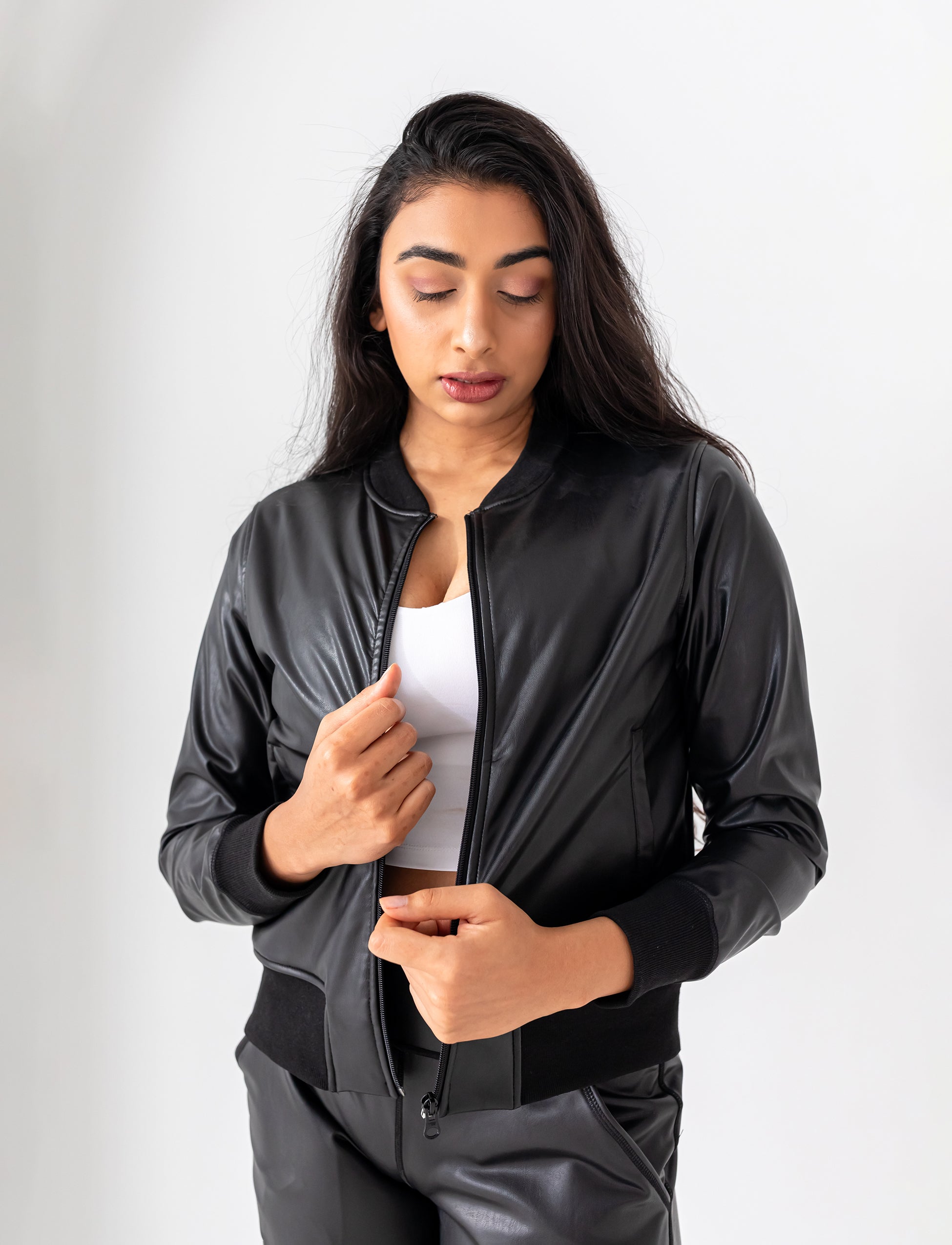 LADIES ON THE GO VEGAN LEATHER BOMBER JACKET