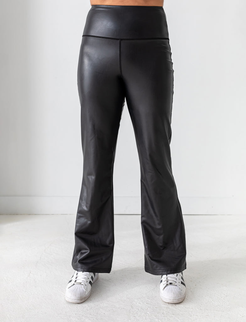 Black Synthetic Leather V-Cut Flare Pants
