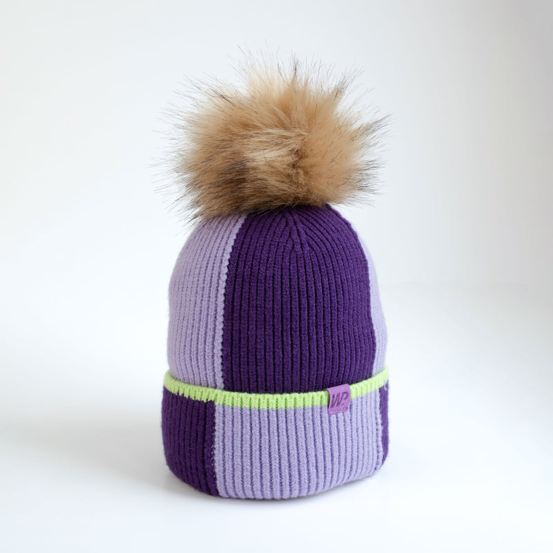 Girl's Purple Colour Block Pom Pom Toque