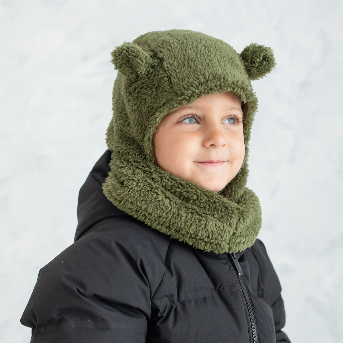 Little Boy's Army Green Plush Bear Ears Balaclava