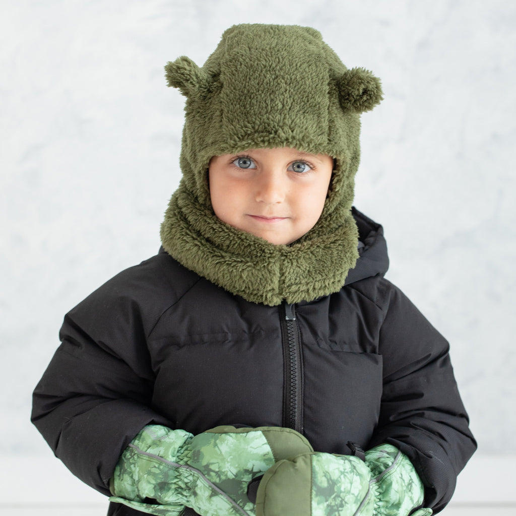 Little Boy's Army Green Plush Bear Ears Balaclava