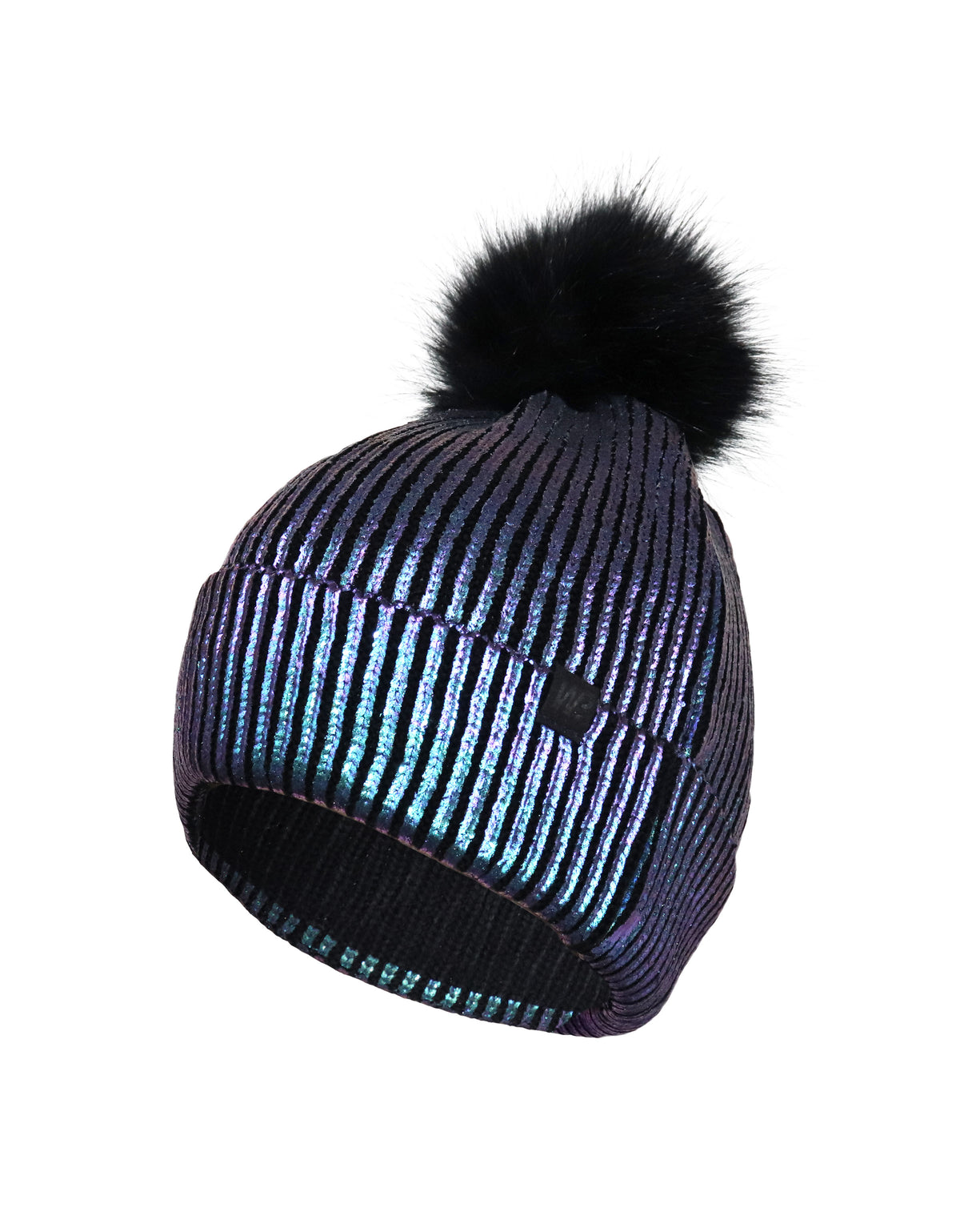 GIRLS 7-16 FAUX FUR POM FOIL PRINT RIB KNIT TOQUE